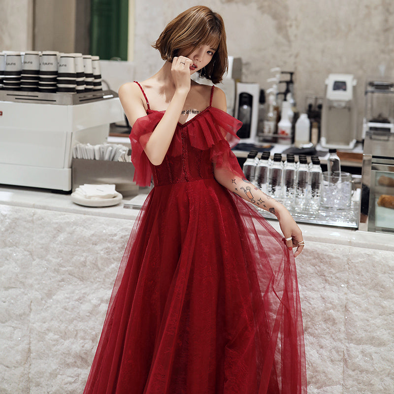 Burgundy lace long prom dress simple evening dress  8227