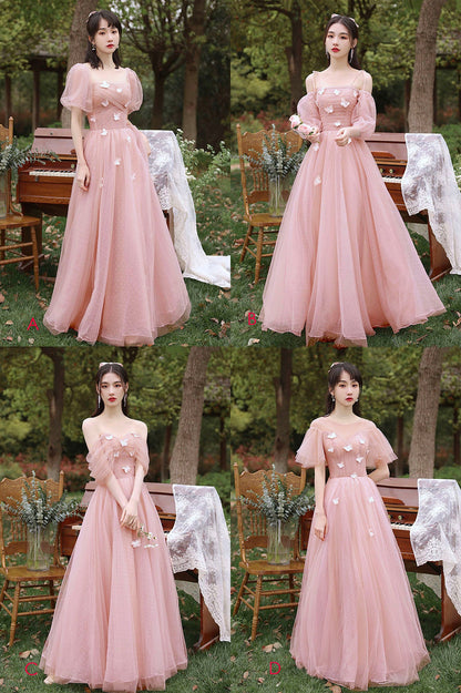 Pink tulle long prom dress A line evening dress  10587