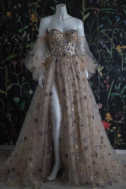 PM108,Chic Long Sweetheart Front Split Star Prom Dresses With Sleeves