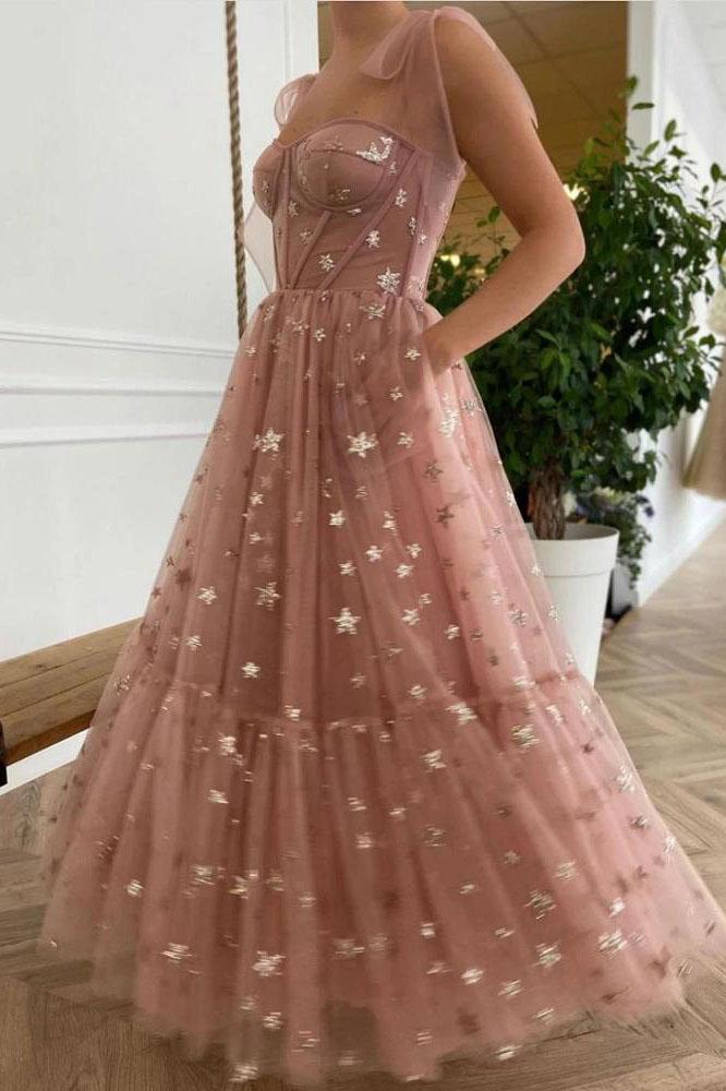 Sparkly Stars Tulle Blush Pink Prom Dresse Shiny Princess Evening Dress With Straps KS8072