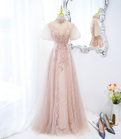 Pink tulle beads long prom dress A line evening dress  10400