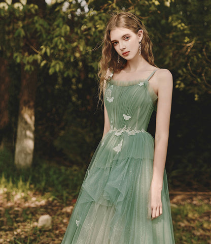 Green tulle lace long prom dress A line evening dress  10419