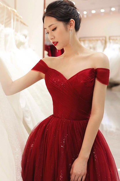 Burgundy tulle long A line prom dress evening dress  8734