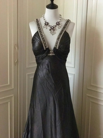 ___Black beaded mysterious and noble black swan vintag Downton Abbey deep V long satin ball gown evening dress gh4390
