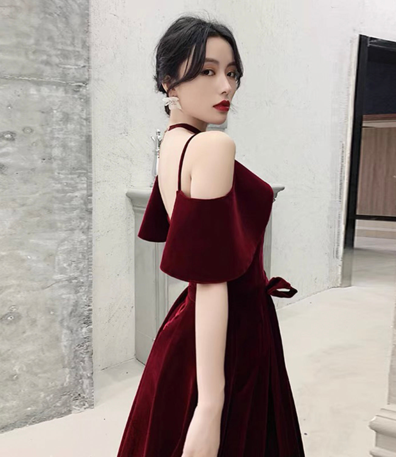 Burgundy velvet long prom dress A line evening gown  10370
