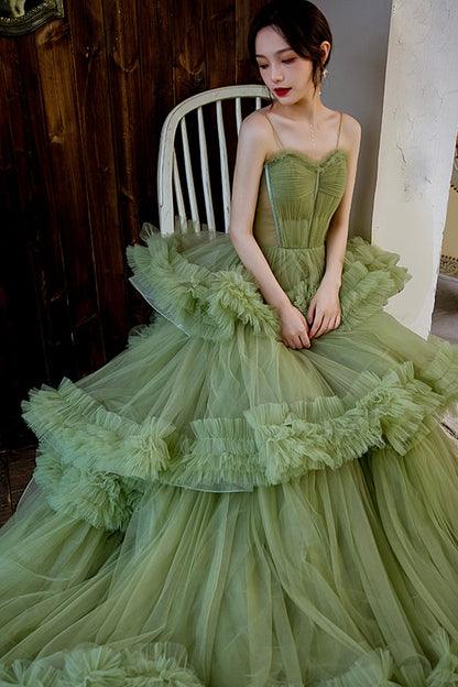 Green tulle long A line prom dress green evening dress  8809