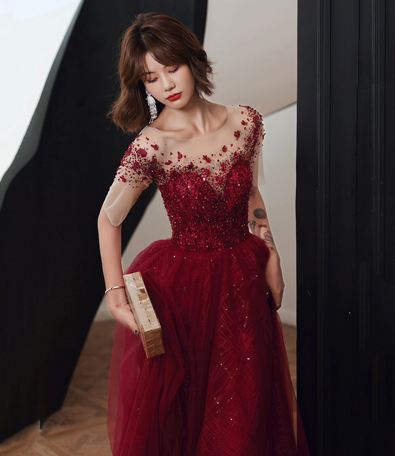 Burgundy tulle beads long A line prom dress evening dress  8756