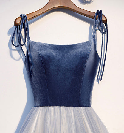 Blue velvet tulle long prom dress blue evening dress  8585