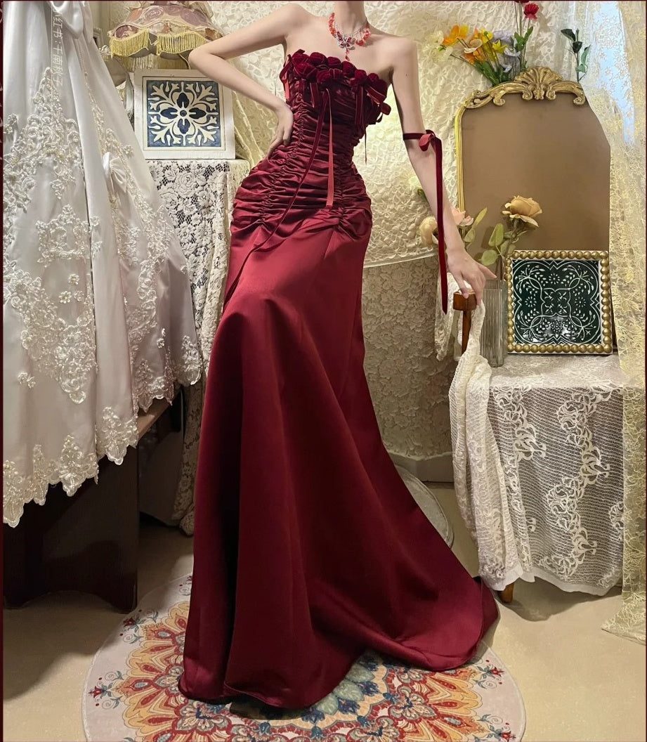 Burgundy Vintage Floral Long Satin Prom Dress Birthday Party Dress Evening Dress gh4412