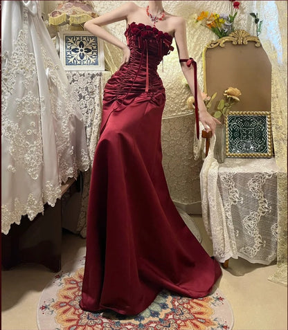 Burgundy Vintage Floral Long Satin Prom Dress Birthday Party Dress Evening Dress gh4412