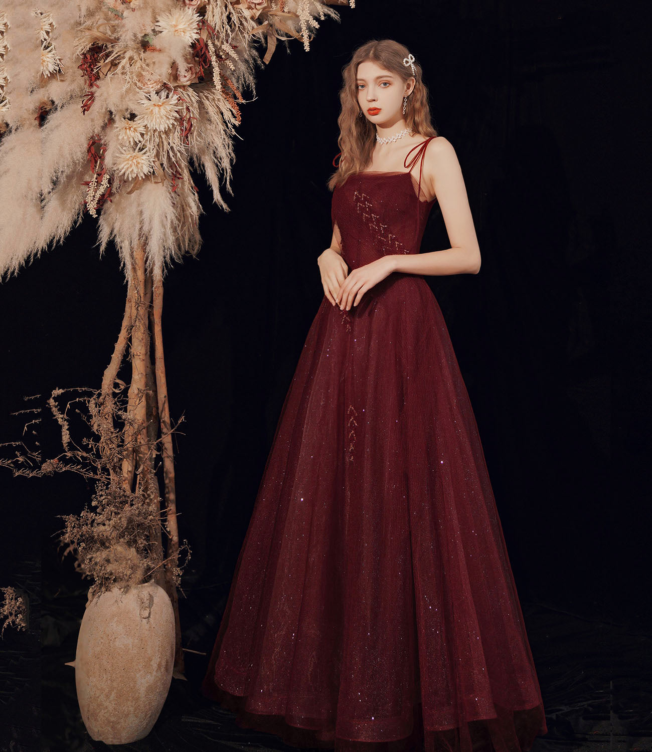 Burgundy tulle beads long prom dress evening dress  10418