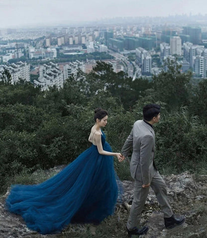 Blue tulle long prom dress A line evening gown  10424