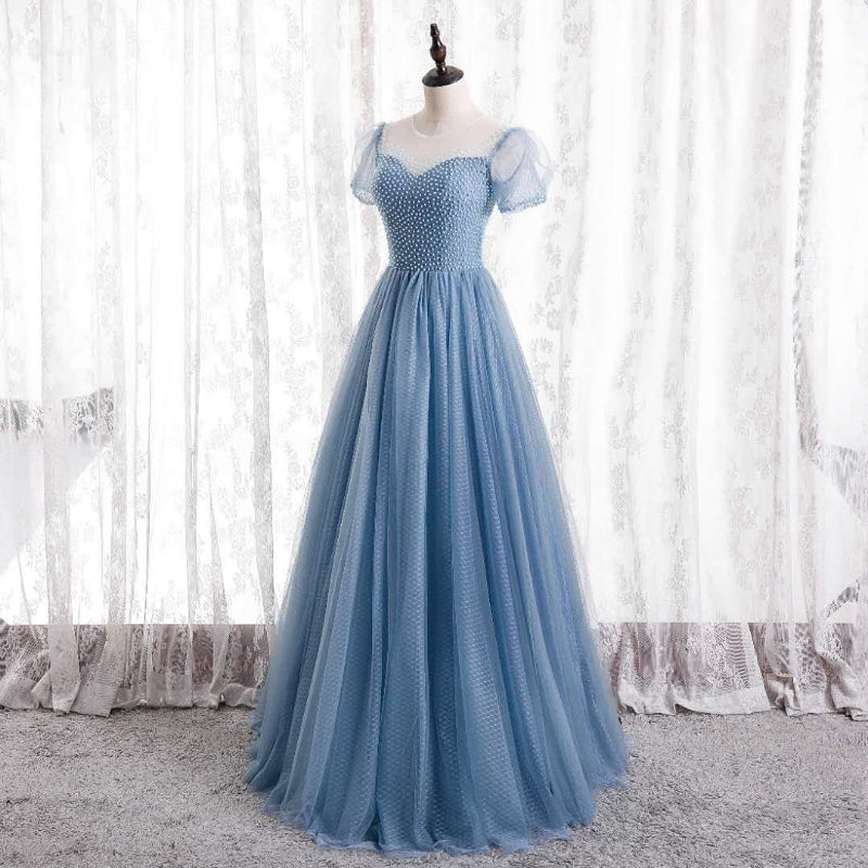 Blue tulle long A line prom dress blue evening dress  8728