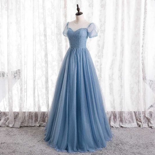Blue tulle long A line prom dress blue evening dress  8728