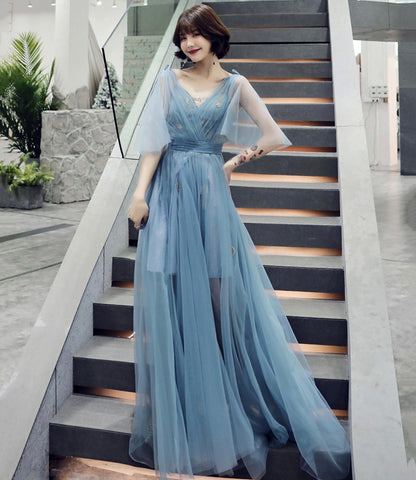 Blue tulle long A line prom dress blue evening dress  8760