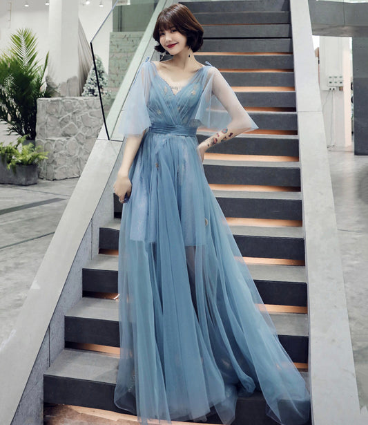 Blue tulle long A line prom dress blue evening dress  8760