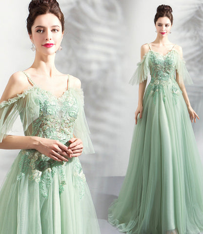 Green tulle lace long prom dress A line evening dress  10575