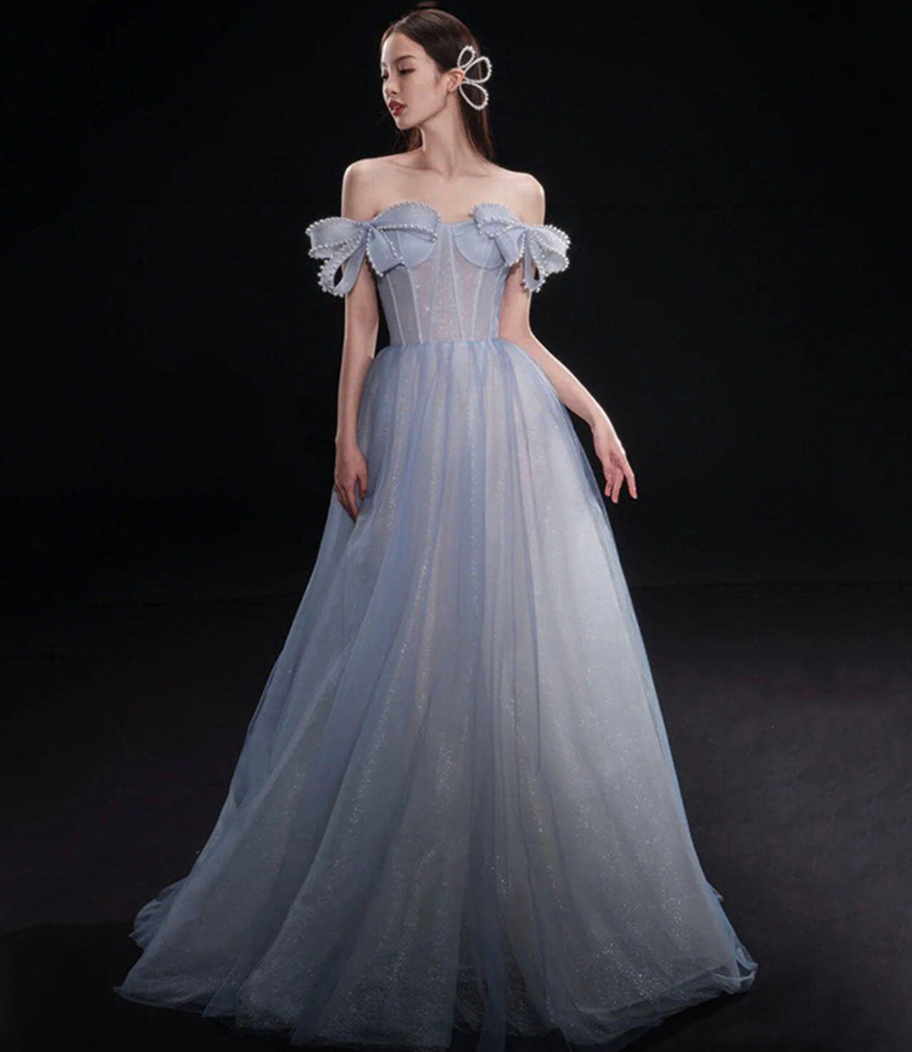 Blue tulle long A line prom dress blue evening dress  10291
