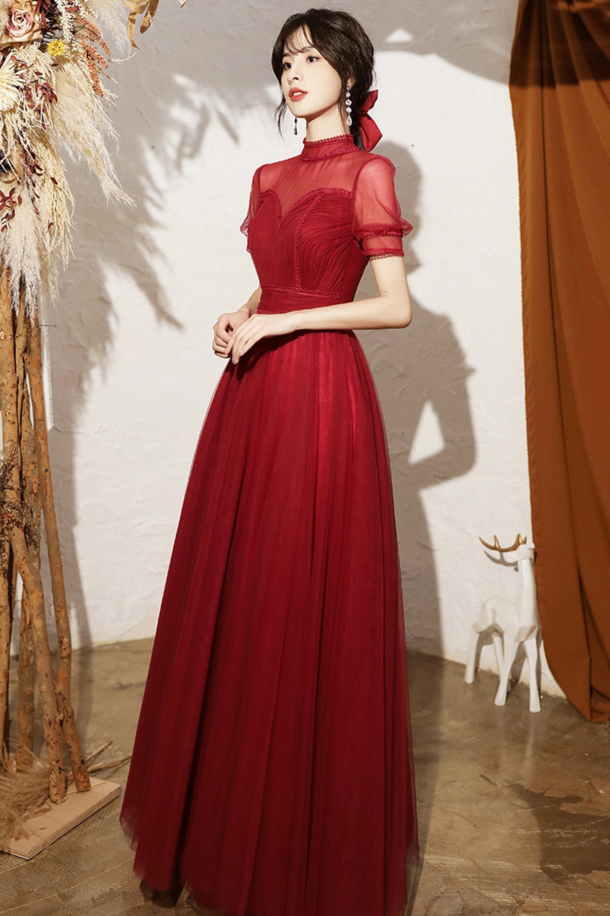 Burgundy tulle long A line prom dress evening dress  8692