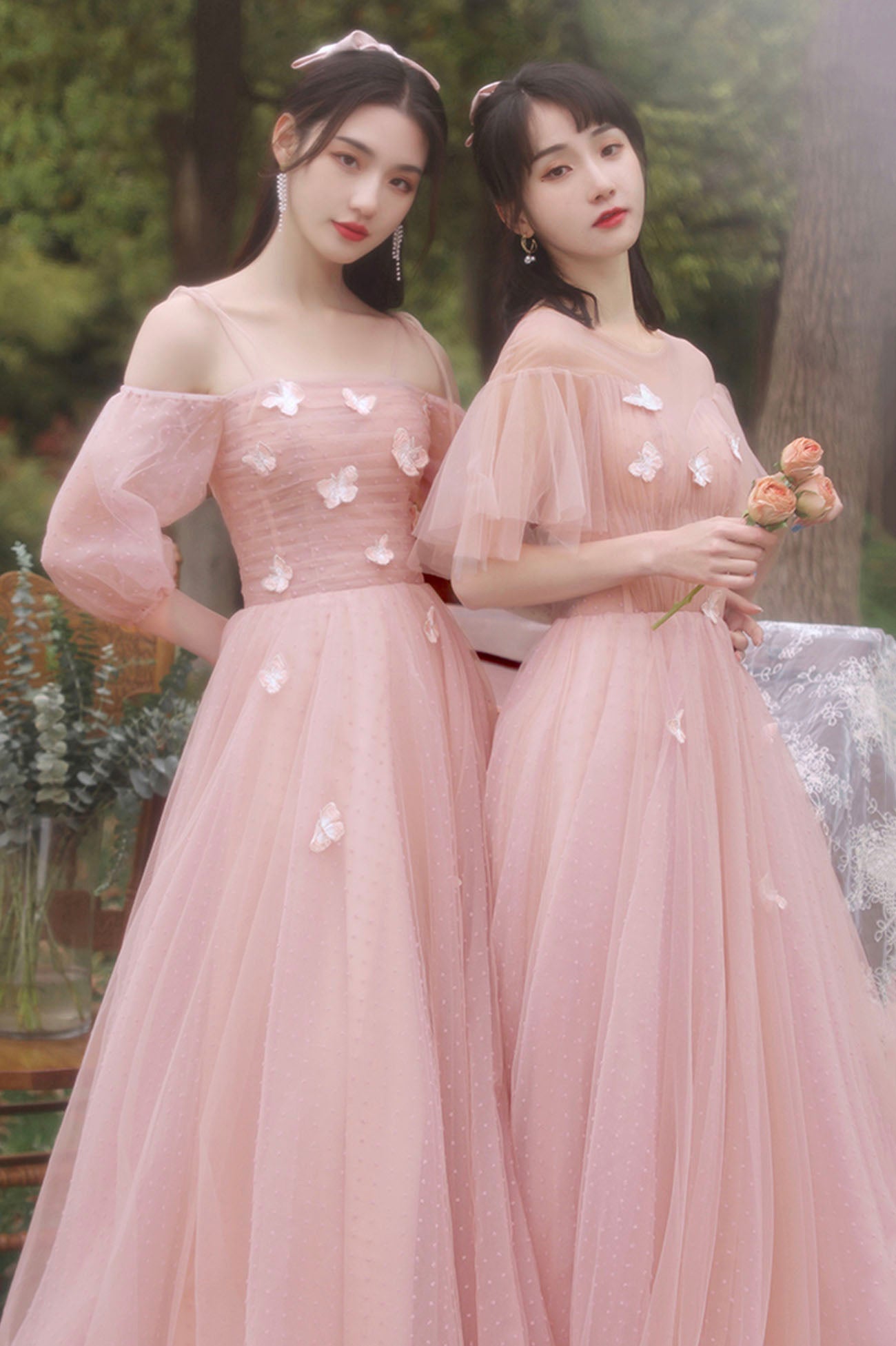Pink tulle long prom dress A line evening dress  10587