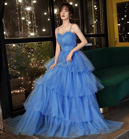 Blue tulle long A line prom dress blue evening dress  8906
