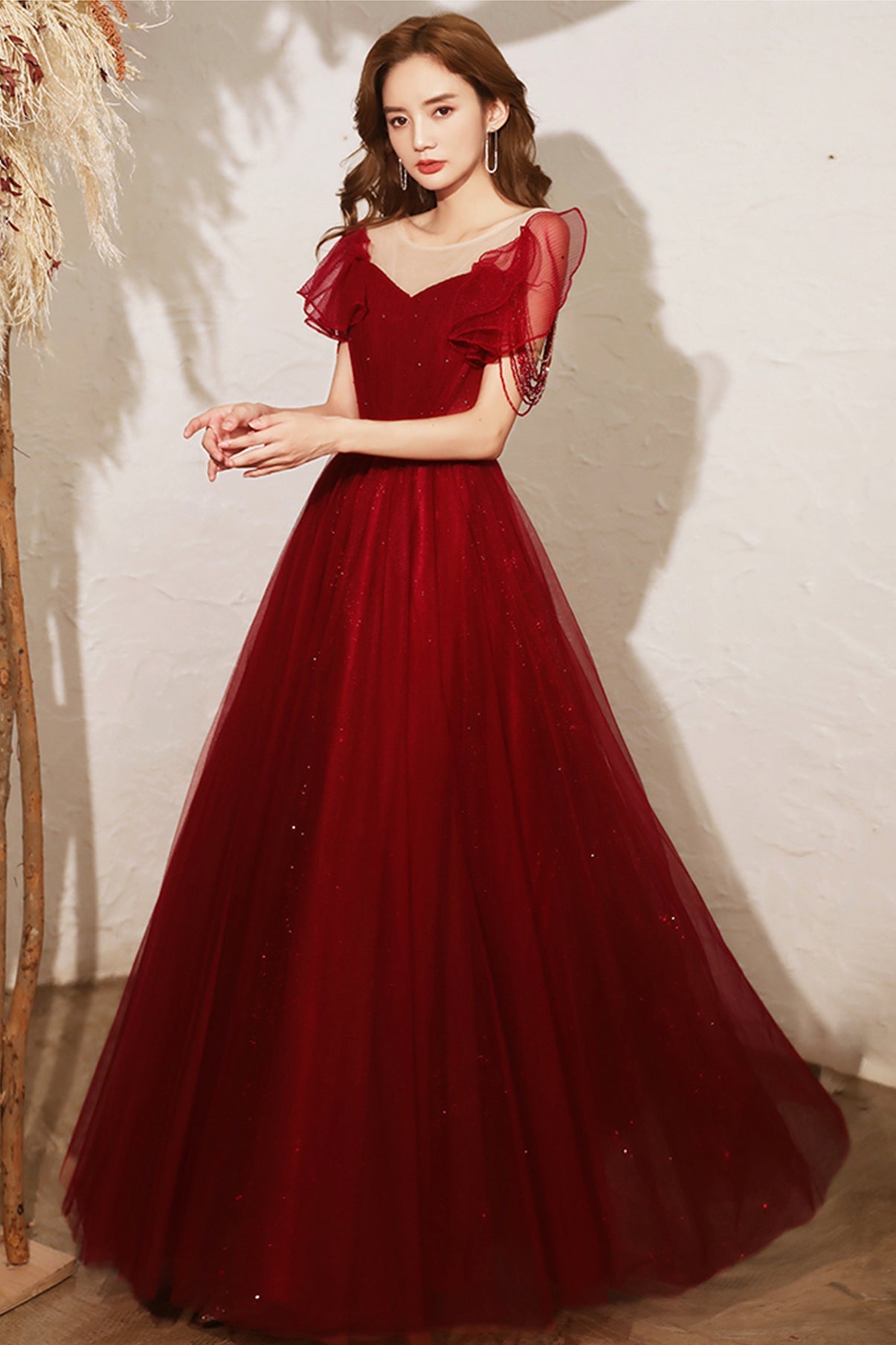 Burgundy tulle long A line prom dress evening dress  8680