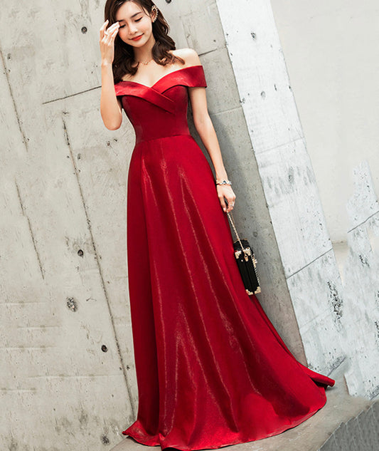 Burgundy satin long prom dress cute evening dress  8468