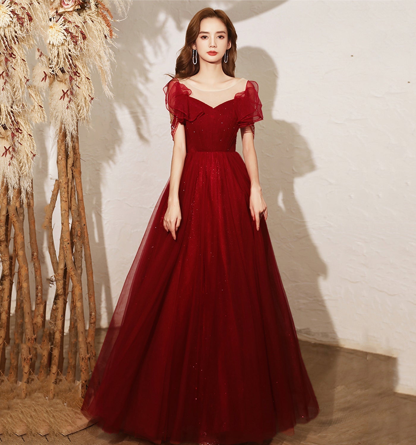 Burgundy tulle long A line prom dress evening dress  8680