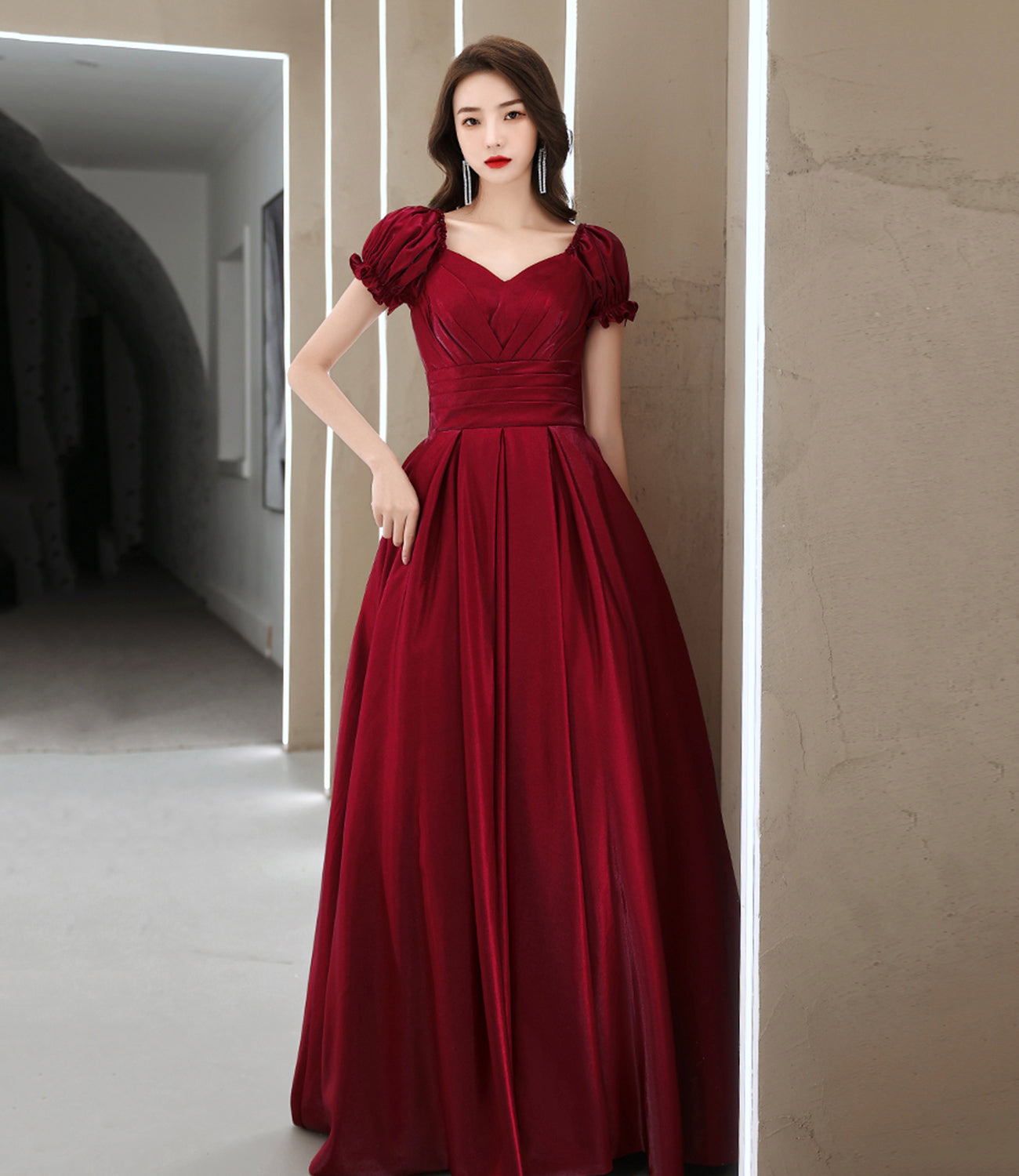 Burgundy satin long prom dress A line evening gown  10502