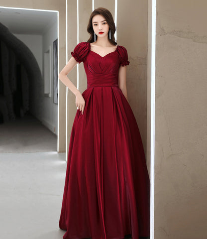 Burgundy satin long prom dress A line evening gown  10502