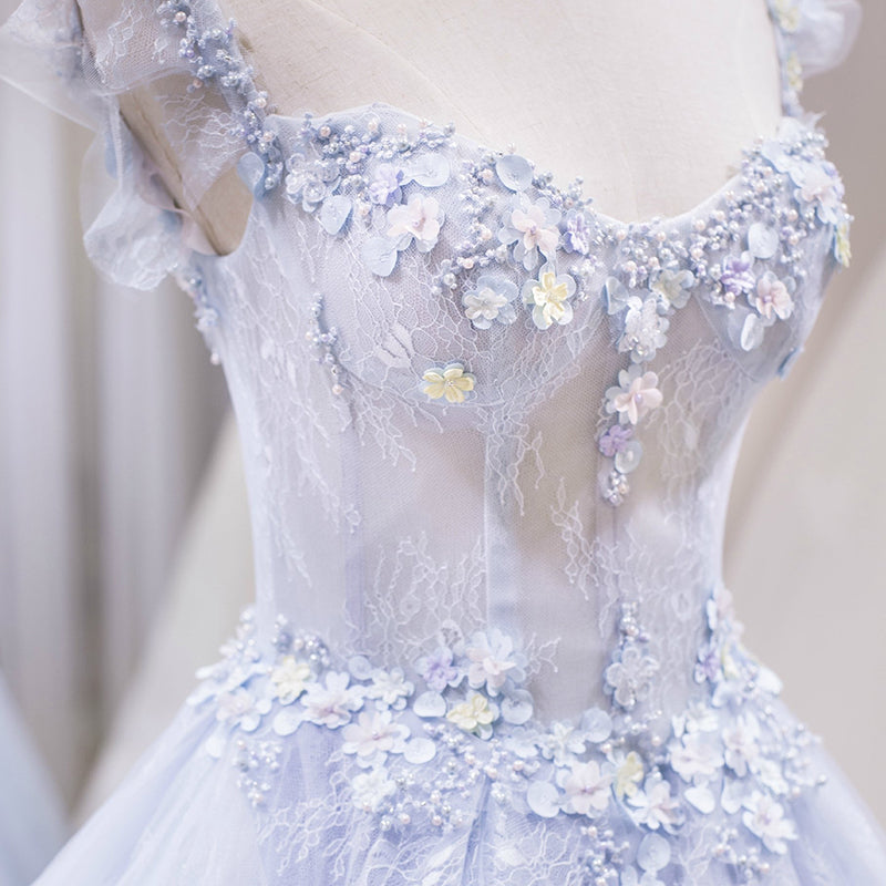 Blue tulle lace long prom dress evening dress  8216