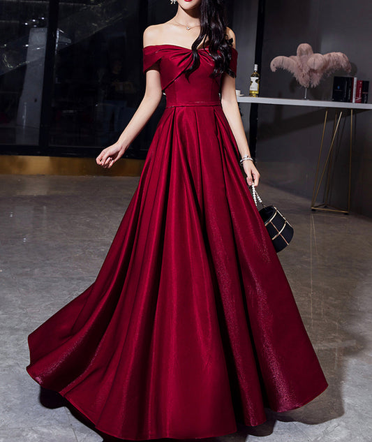 Shiny satin long prom dress burgundy evening dress  8489