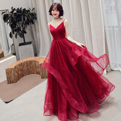 Burgundy v neck tulle long prom dress, formal dress  10082
