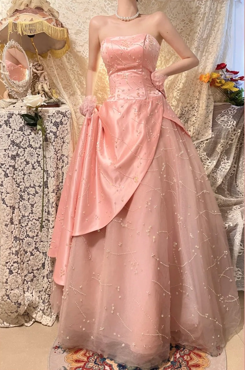 Pink Beaded Elegant Long Satin Ball Gown Evening Dress Party Dress gh4466