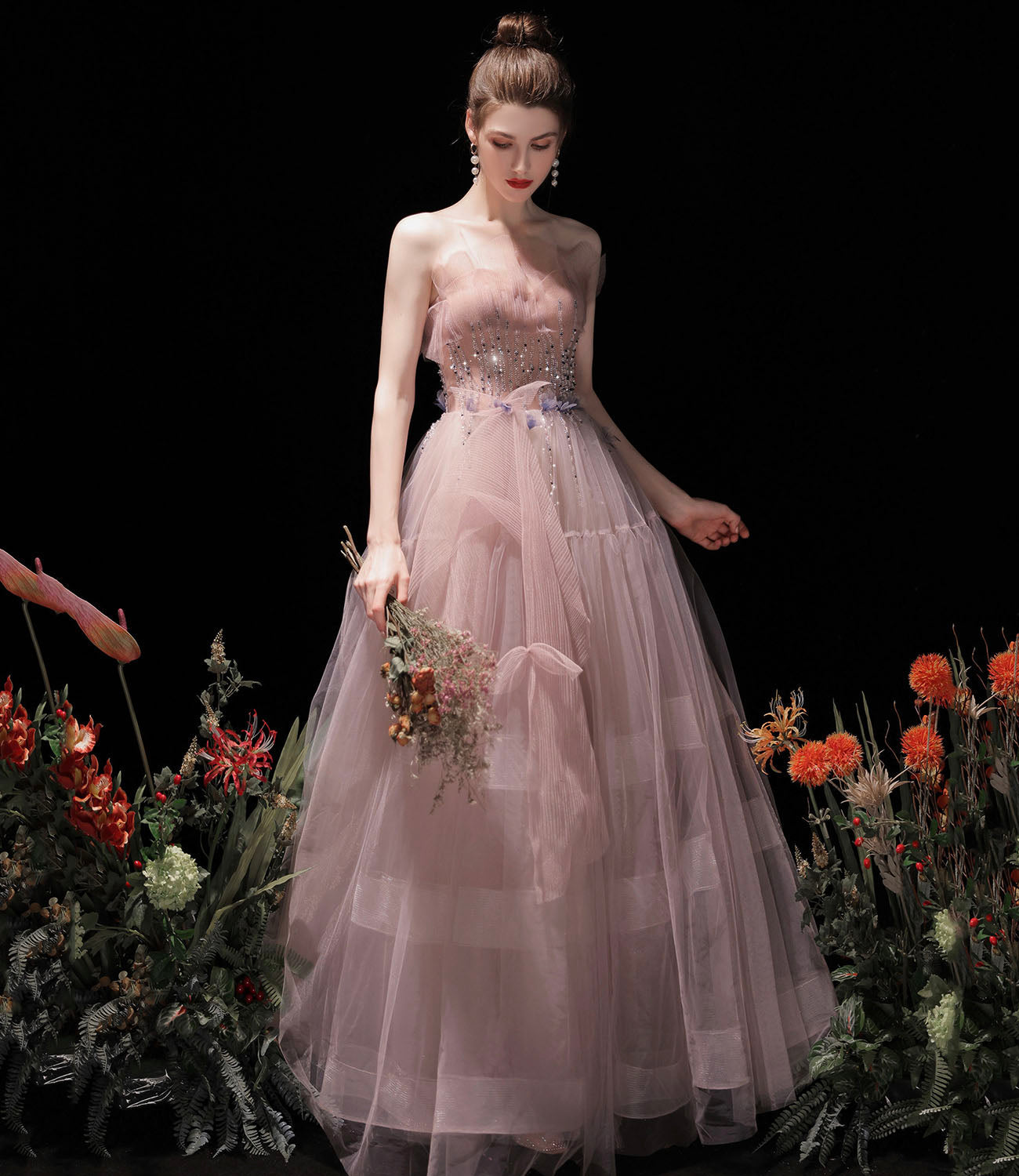 Pink tulle beads long prom dress A line evening dress  10429