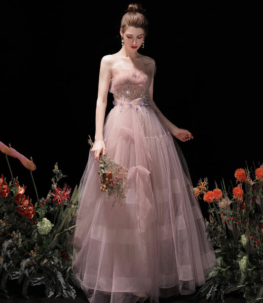 Pink tulle beads long prom dress A line evening dress  10429