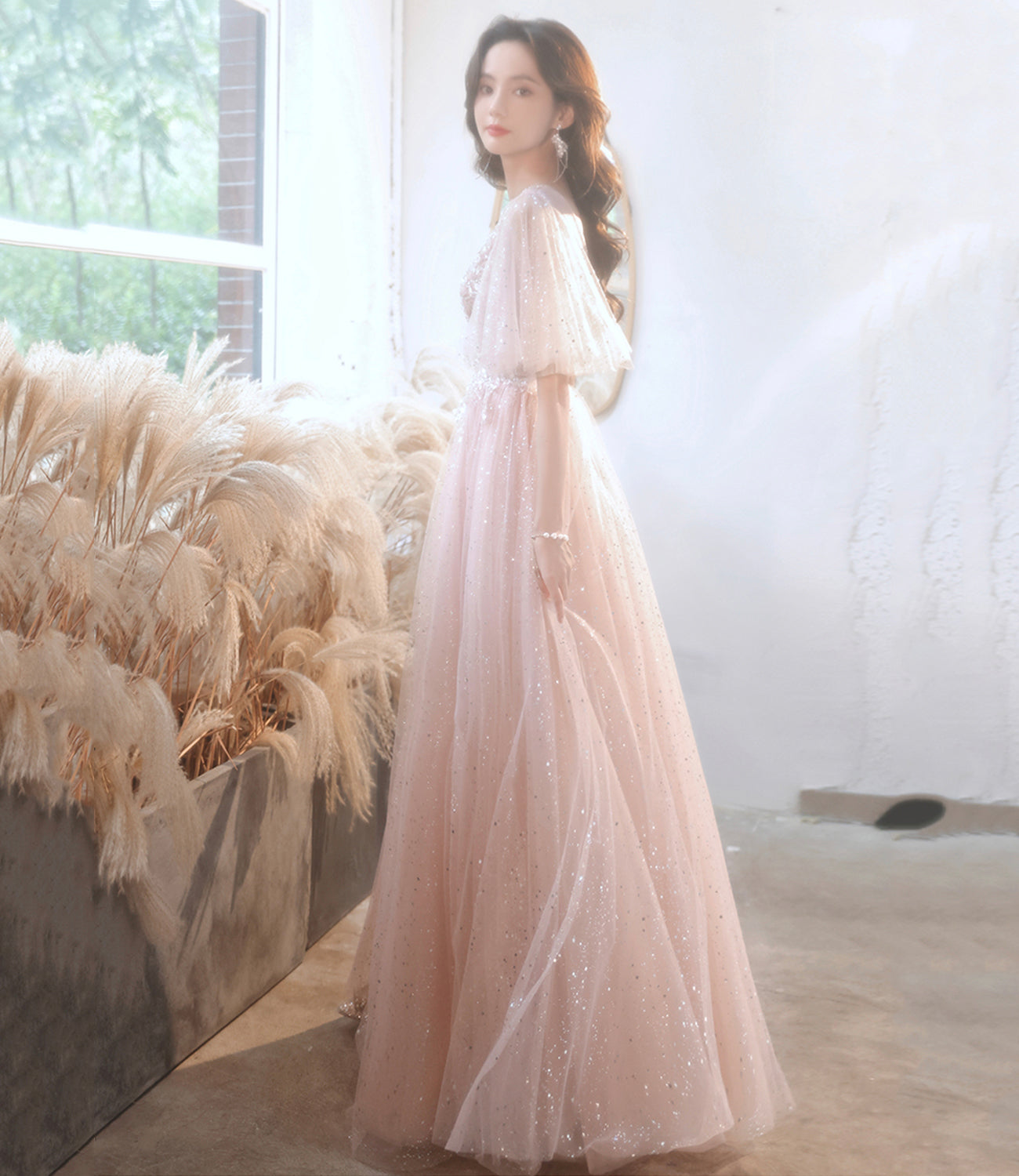 Pink tulle lace long prom dress pink evening dress  10525