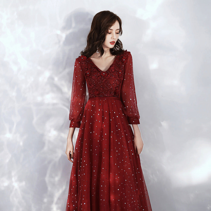 Burgundy lace long sleeve prom dress evening dress  8985