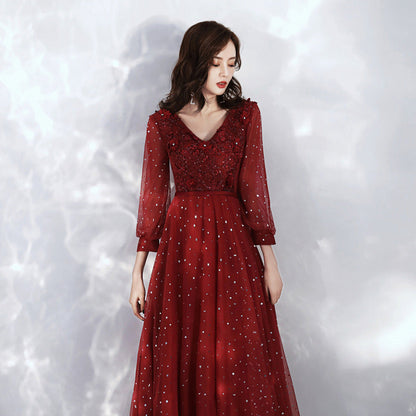 Burgundy lace long sleeve prom dress evening dress  8985