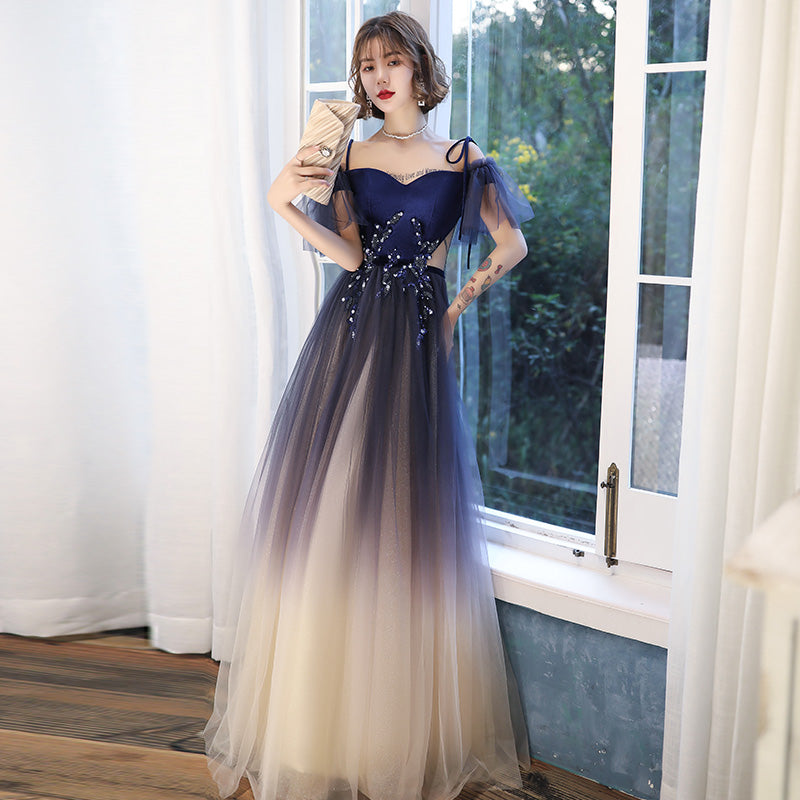 Blue tulle velvet long prom dress  8195