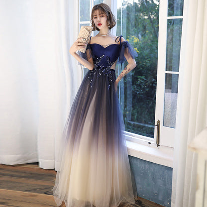 Blue tulle velvet long prom dress  8195