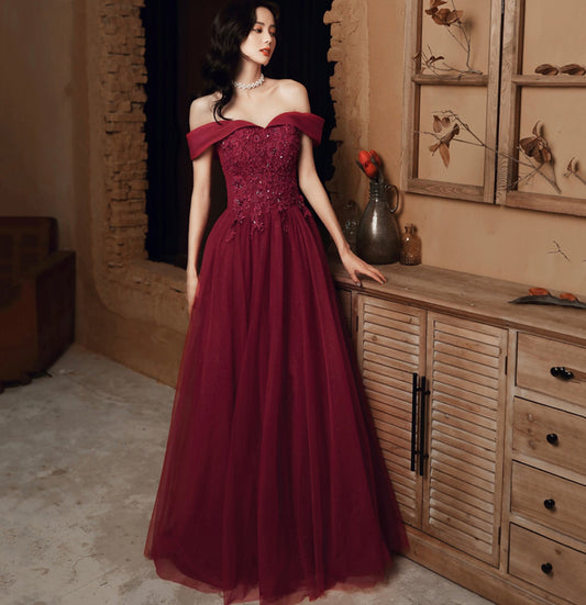 Burgundy lace beads long prom dress evening dress  10114
