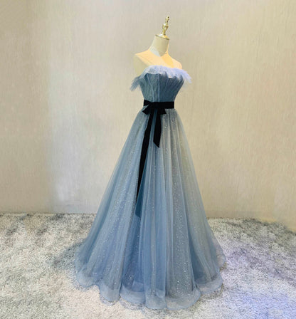 Blue tulle long prom dress blue evening dress  8607