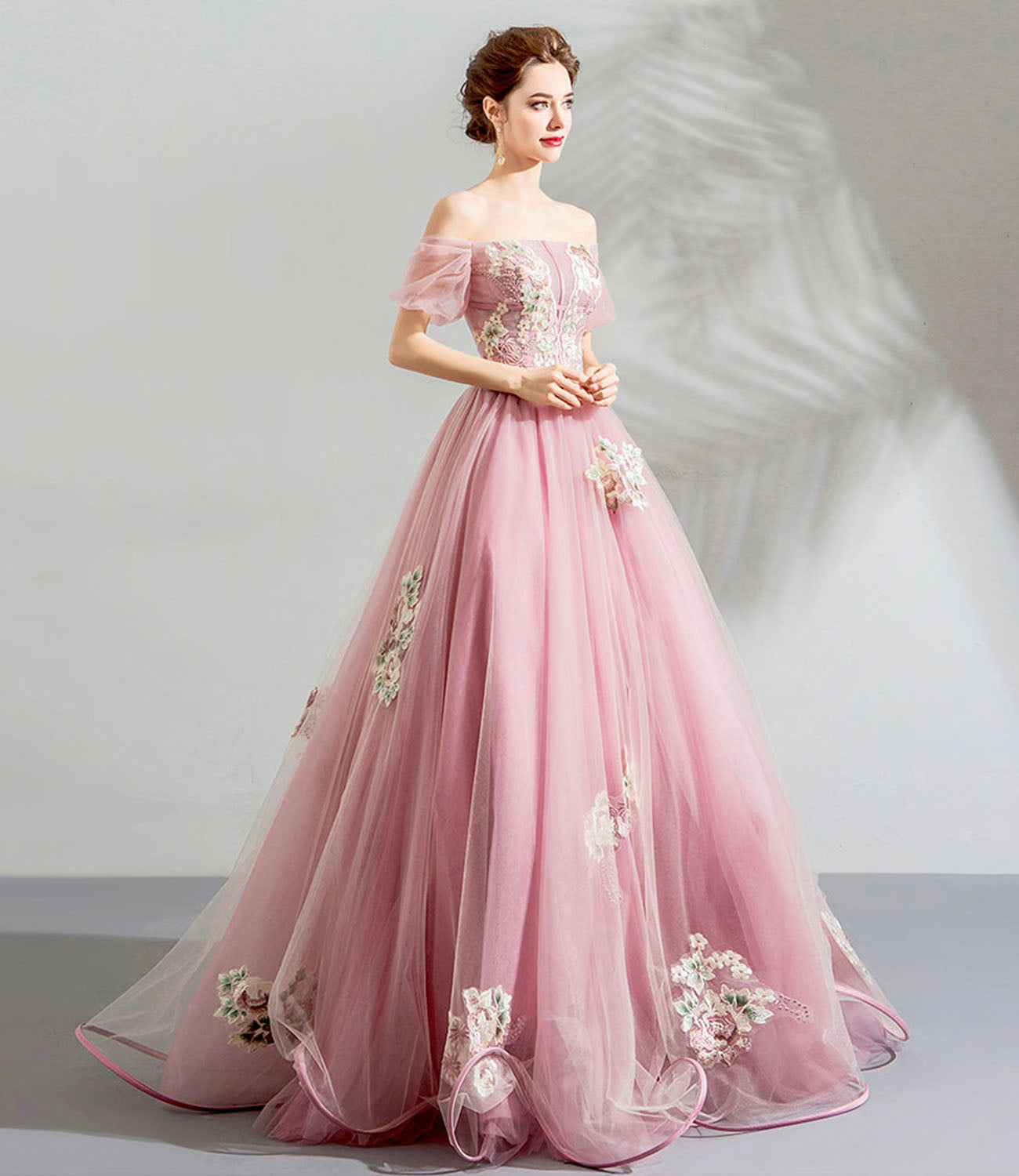 Pink tulle lace long prom dress evening dress  10623