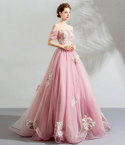 Pink tulle lace long prom dress evening dress  10623