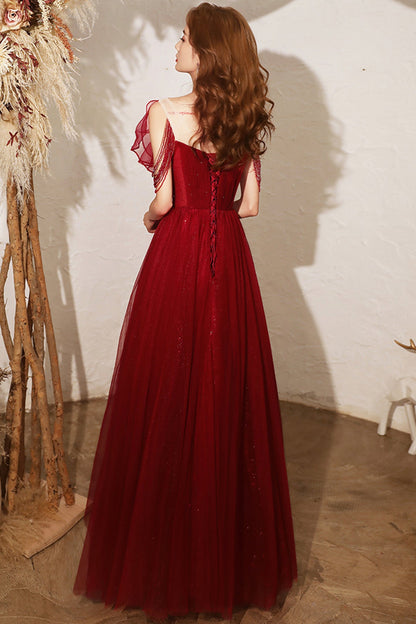 Burgundy tulle long A line prom dress evening dress  8680
