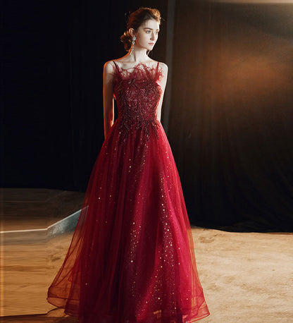 Unique burgundy lace prom dress formal dress  8237