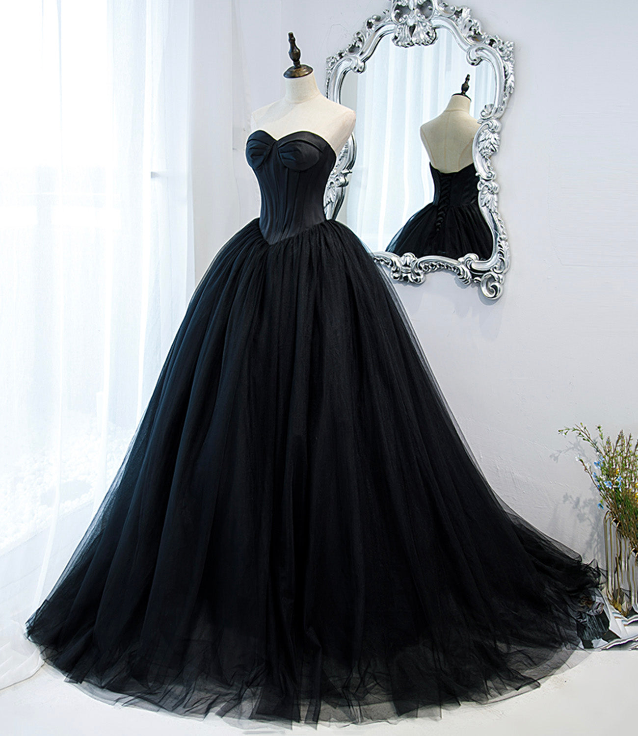Black stylish and elegant long tulle floor-length ball gown evening dress 10152