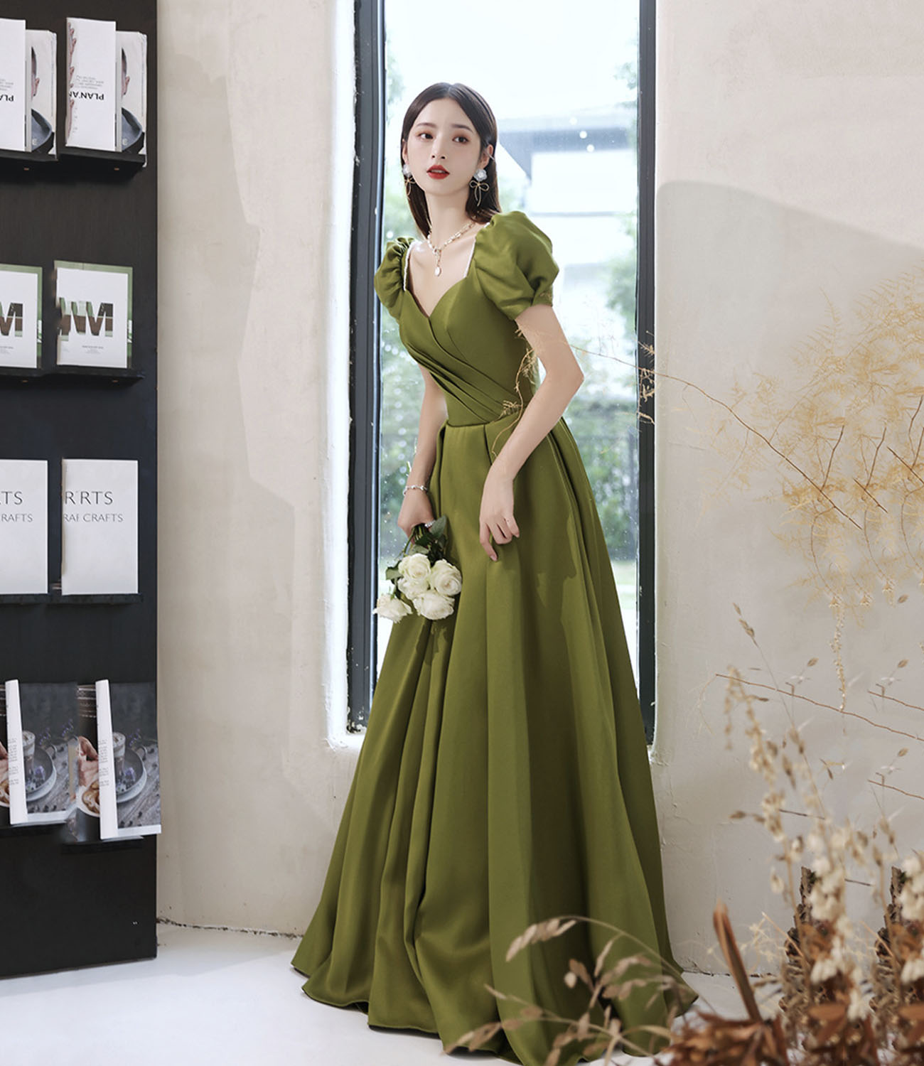 Green satin long prom dress A line evening dress  10431