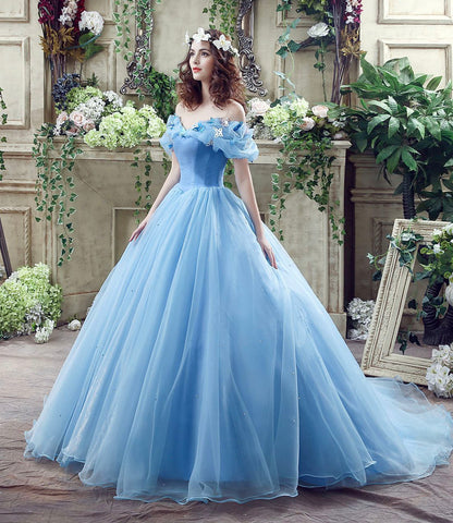 Blue tulle long A line prom dress evening gown  10185